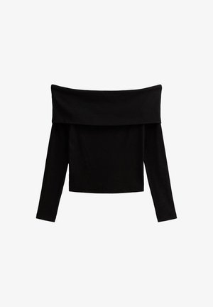 Zwart off-shoulder top met lange mouwen, gemaakt van zachte geribbelde stof, met een brede halslijn en een getailleerde pasvorm.