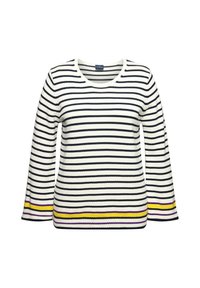 Maglione a righe bianco e blu navy, con scollo a girocollo e maniche lunghe. Decorato con righe gialle e viola ai polsini.