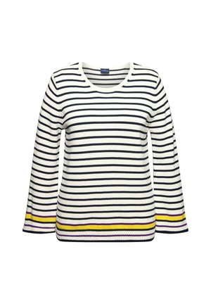 Suéter de rayas en blanco y marino, con cuello redondo y mangas largas. Acabado con rayas amarillas y moradas en los puños.