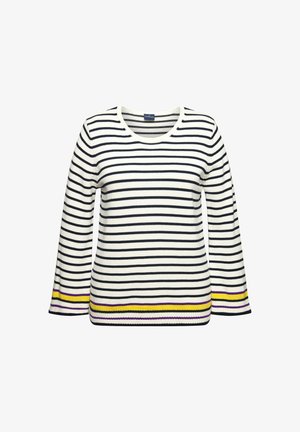 Suéter de rayas en blanco y marino, con cuello redondo y mangas largas. Acabado con rayas amarillas y moradas en los puños.