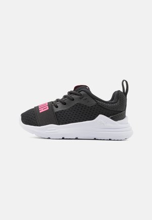 Black athletic sneaker with mesh upper, pink accents, and white sole. Features laces and a pull tab at the heel. Lightweight and breathable design.