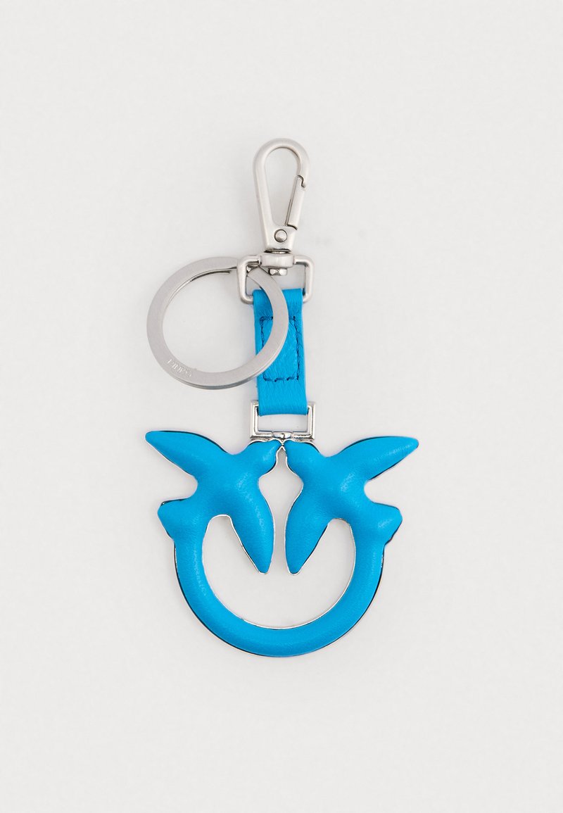 Blue leather keychain featuring two bird silhouettes, attached to a silver metal clip and ring for key attachment. Smooth texture and vibrant color.
