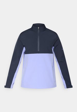 Quarter-Zip-Pullover in Marineblau und Helllila, mit strukturierter Stoffqualität, langen Ärmeln und einem minimalistischen Design ohne sichtbare Hardware.