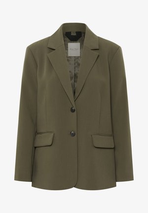 maslina zelena sako s prilagođenim dizajnom, izrezanim reverima, dva crna dugmeta i dva prednja džepa. Glatka tkanina s blagim sjajem.
