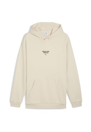 Cremefarvet hoodie lavet af blødt stof, med en kengurulomme, snorhætte og sort grafisk tekst på forsiden.