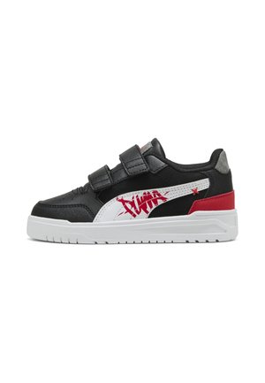 Sneaker nero, bianco e rosso con due strap in velcro, suola bianca e logo rosso in stile graffiti sul pannello laterale.