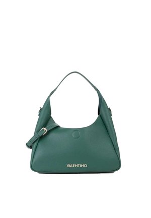 Borsa hobo in pelle verde con un'unica maniglia curva, caratterizzata da un logo "VALENTINO" dorato sul fondo e una superficie liscia e strutturata.