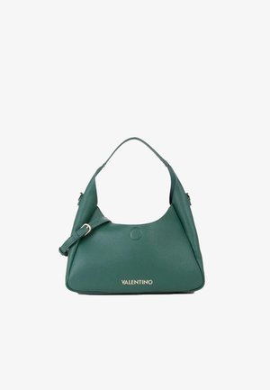 Borsa hobo in pelle verde con un'unica maniglia curva, caratterizzata da un logo "VALENTINO" dorato sul fondo e una superficie liscia e strutturata.
