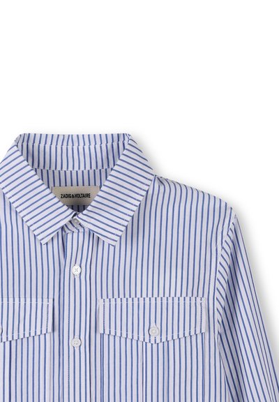 Blauw-wit gestreepte shirt met een button-down kraag, twee borstzakken en witte knopen. Katoenen stof met een gladde textuur.
