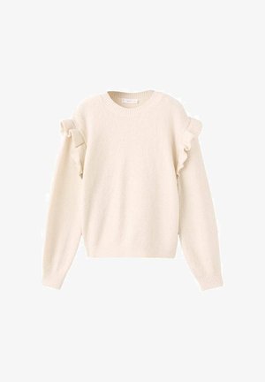Pullover en tricot de couleur crème avec un col rond et des détails froncés le long des coutures des épaules et des manches supérieures.