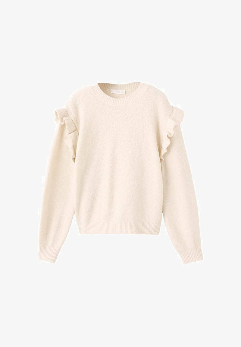 Kremowy sweter dzianinowy z okrągłym dekoltem i falbankami wzdłuż szwów na ramionach i górnej części rękawów.