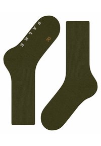 Olivgrüne Socken aus strukturiertem Stoff, mit verstärkten Fersen- und Zehenbereichen, dem 'FALKE'-Logo und kleinem 'R' auf der Sohle.
