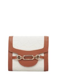 Bílá texturovaná kožená peněženka s hnědými akcenty, obsahující zlatý řetězový detail a klopové uzavírání. Kompaktní obdélníkový tvar.