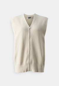 Beige, geripptes ärmelloses Top mit V-Ausschnitt und Reißverschluss vorne. Weiche Textur und eine taillierte Silhouette mit einem sauberen Saum.