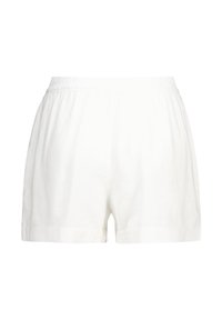 White cotton shorts with an elastic waistband, featuring a loose fit and a smooth texture. Simple design with no additional patterns or accents.