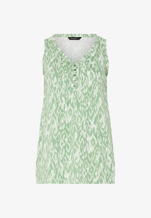 Mouwloos groen topje met wit abstract patroon, V-hals en vijf knopen middenvoor.