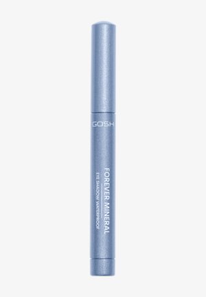 Blue metallic tube with a glossy finish, labeled "GOSH FOREVER MINERAL EYE SHADOW WATERPROOF." Smooth texture and capped end.