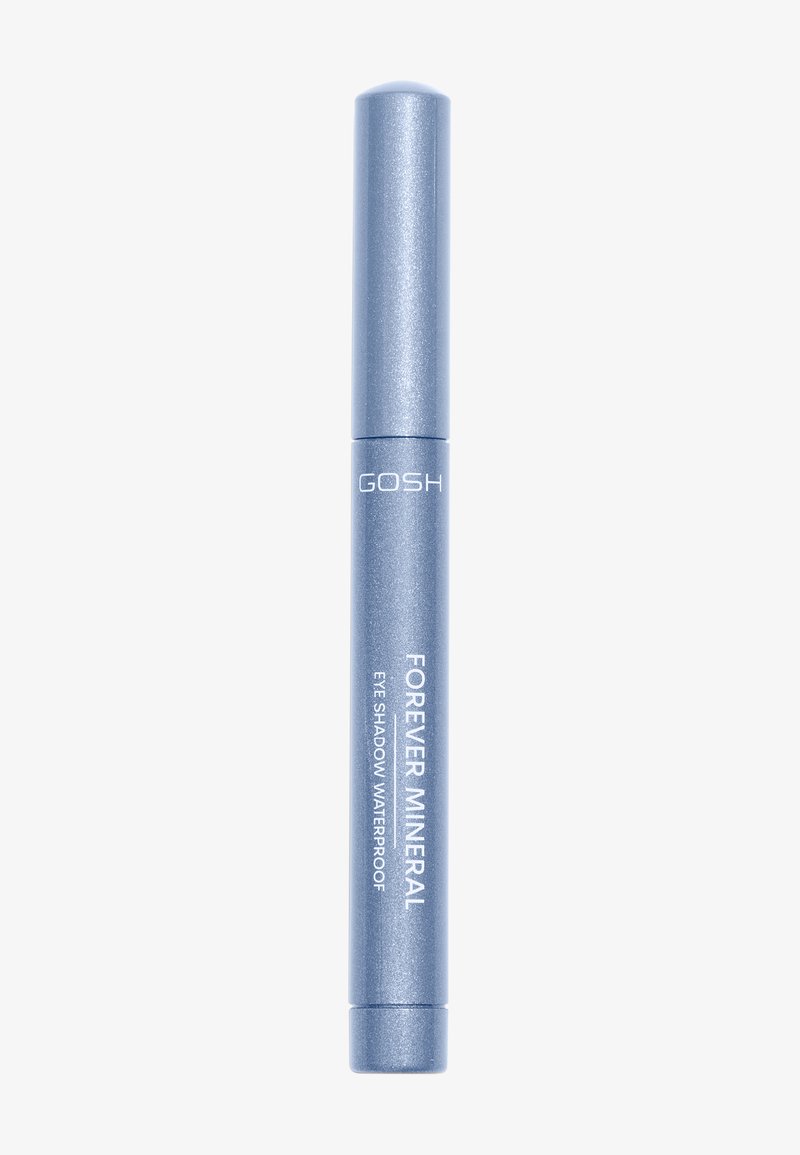 Blå metallrör med glansig yta, märkt "GOSH FOREVER MINERAL EYE SHADOW WATERPROOF." Slät textur och korkad ände.