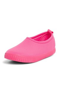 Pink slip-on shoe made of smooth, flexible material. Rounded toe, textured rubber sole, and low profile with an elastic opening for easy wear.