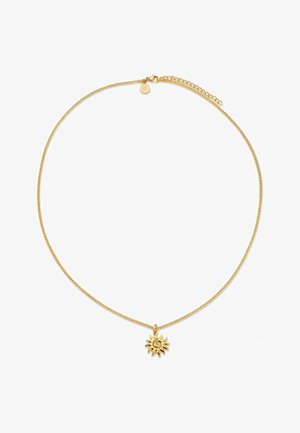 Goldene Halskette mit kleinem, sonnenförmigem Anhänger mit spiraligem Zentrum und welligen Strahlen, verstellbarer Verschluss.
