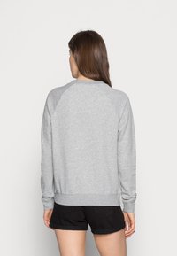 Grå långärmad sweatshirt med rund halsringning och raglanärmar, tillverkad av mjukt tyg, i kombination med svarta shorts, visad bakifrån.