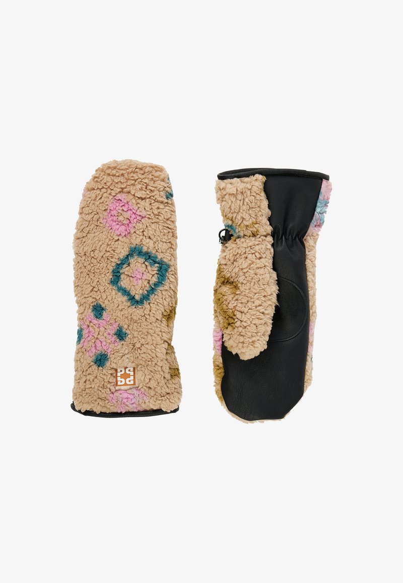 Šviesiai rudos šerpų pirštinės su spalvingais geometriniais raštais, juodais odiniais akcentais ir elastinėmis apykaklėmis, užtikrinančiomis tvirtą prigludimą. Tekstūrinės ir šiltos.