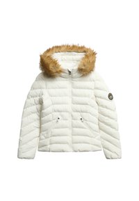 Hvid dunjakke med hætte af imiteret pels, lynlåslommer og quiltet design. Har en logo på venstre ærme.
