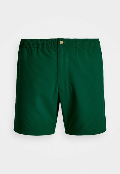 Calções de banho verdes com um cós elástico, fecho de botão, textura suave e design simples. Comprimento curto, sem padrões ou acentos adicionais.