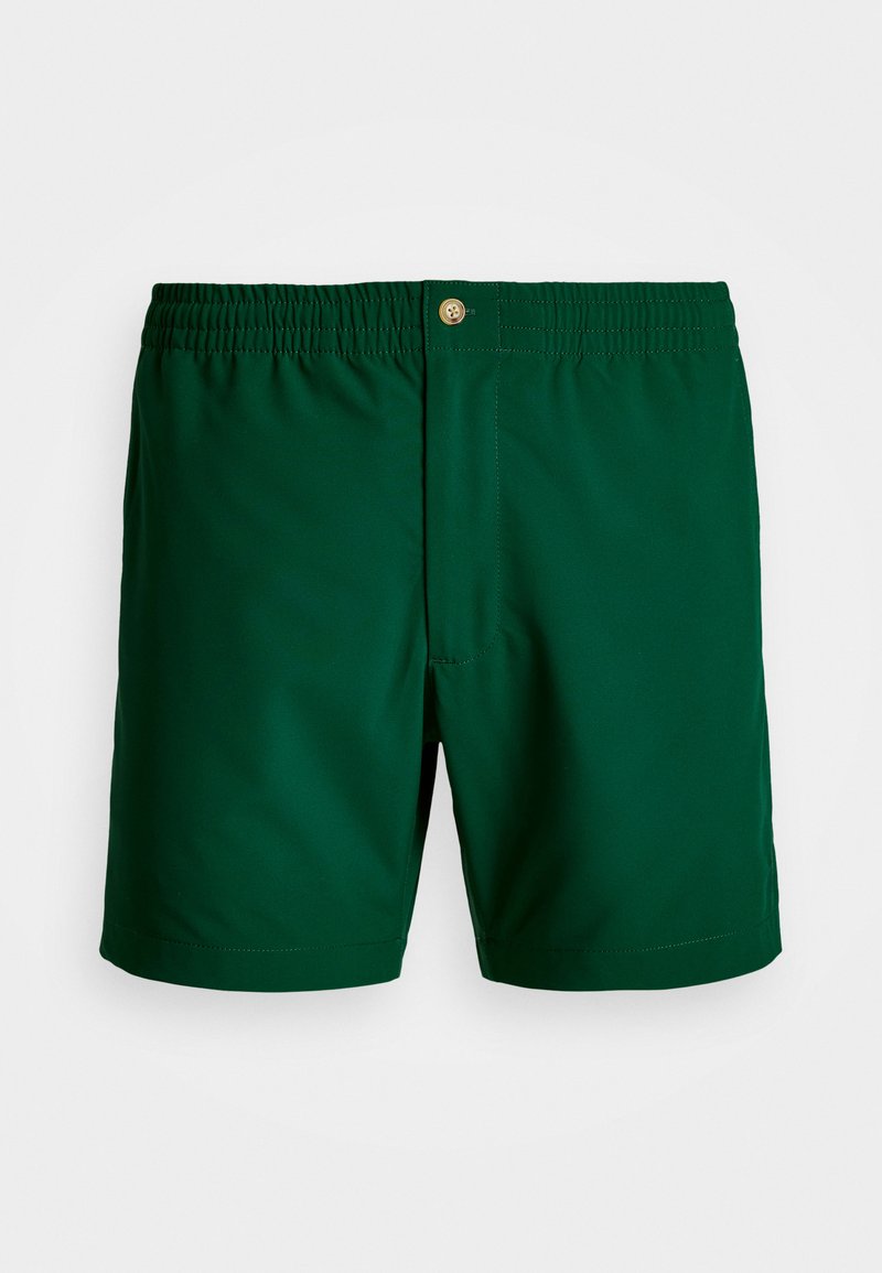 Zielone szorty kąpielowe z elastycznym pasem, zapięciem na guziki, gładką teksturą i prostym designem. Krótkie, bez dodatkowych wzorów czy akcentów.