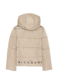 Giacca imbottita beige con cappuccio, texture a righe orizzontali e logo stampato all'orlo. Il materiale appare liscio e lucido.