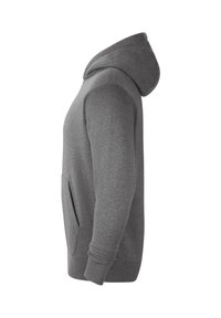 Grauer Kapuzenpullover mit Fronttasche, langen Ärmeln und gerippten Bündchen. Hergestellt aus weichem, strukturiertem Stoff. Standard Kapuzenpullover-Design.