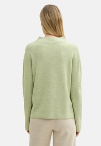 Hellgrüner Pullover mit strukturiertem Finish, runder Halslinie und langen Ärmeln. Der Rücken hat ein leicht verkürztes Design.