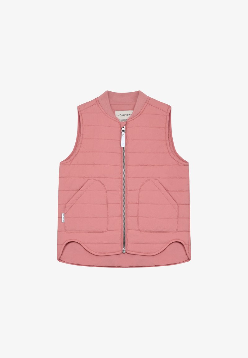 Mouwloos roze gewatteerd vest met ritssluiting aan de voorkant, twee opgestikte zakken aan de voorkant en een geribde kraag, ontworpen voor kinderen.