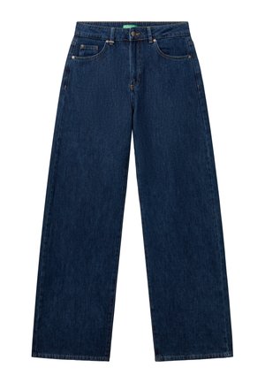 Donkerblauwe wijde spijkerbroek van denim, voorzien van een knoopsluiting, voor- en achterzakken en een licht vervaagde textuur.