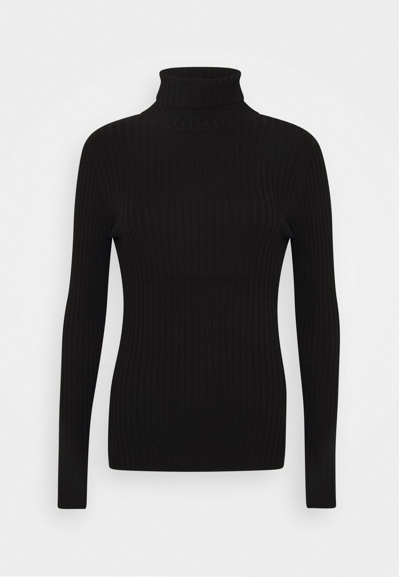 Black turtleneck sweater in ribbed texture, featuring a fitted design and long sleeves. Simple, solid color with high neck.