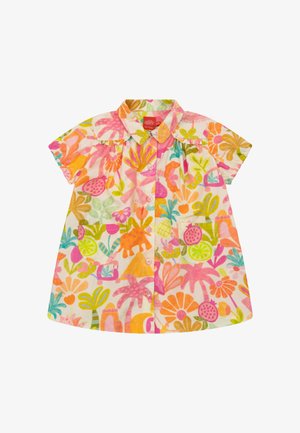 Jurk met korte mouwen van lichtgewicht katoen met een kleurrijk bloemen- en fruitmotief, voorzien van een knopenlijst en twee voorzakken.