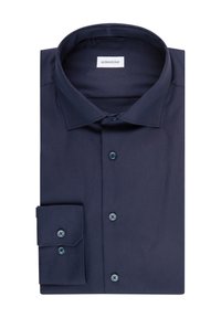 Marineblauw button-up shirt van gladde stof, met een gespreide kraag, lange mouwen en bijpassende knopen, met een enkele knoopmanchet.