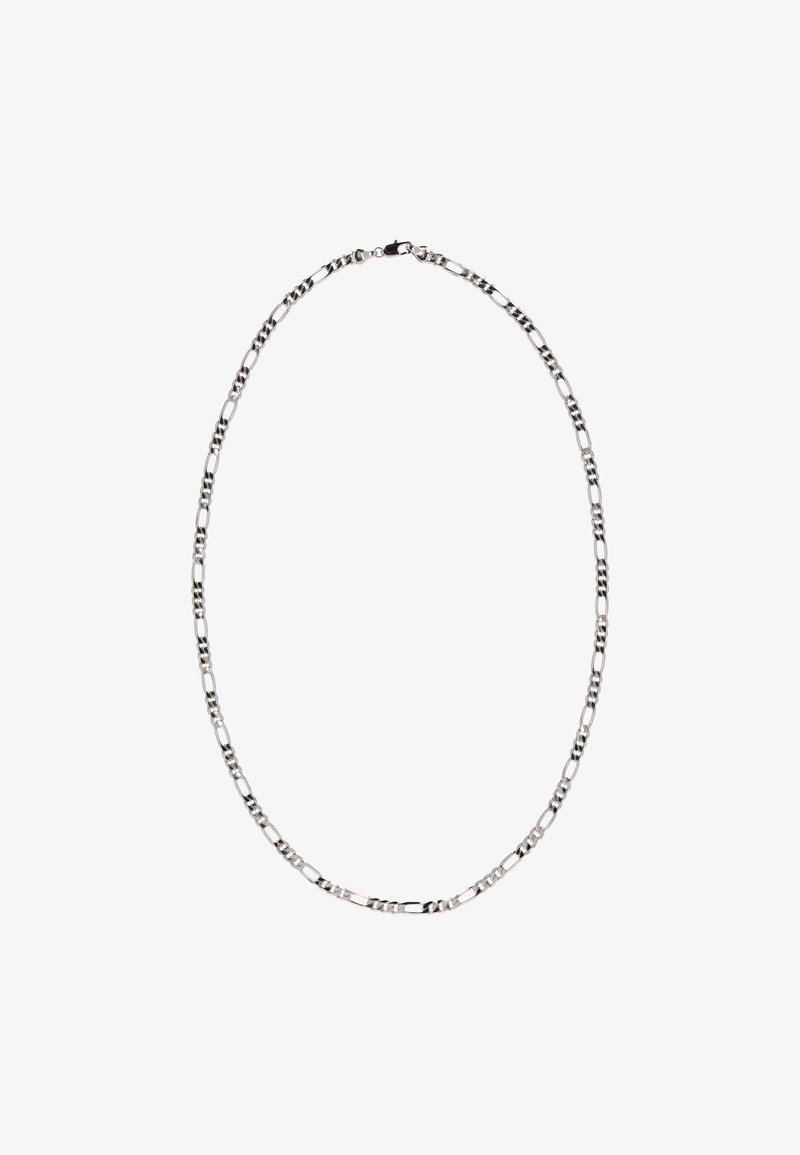 Stříbrný náhrdelník s alternativními kulatými a protáhlými články s hladkým povrchem, zajištěný karabinkovým zapínáním.