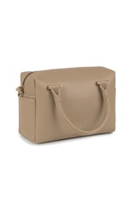 Bézs színű, téglalap alakú bőrtáska két fogóval, arany színű fémalkatrészekkel és cipzáros tetejű záródással.