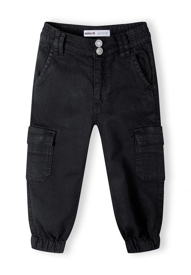 Pantalons cargo noirs avec une coupe décontractée, des poignets élastiques, deux poches latérales et une poche latérale supplémentaire. Fabriqués en tissu durable.