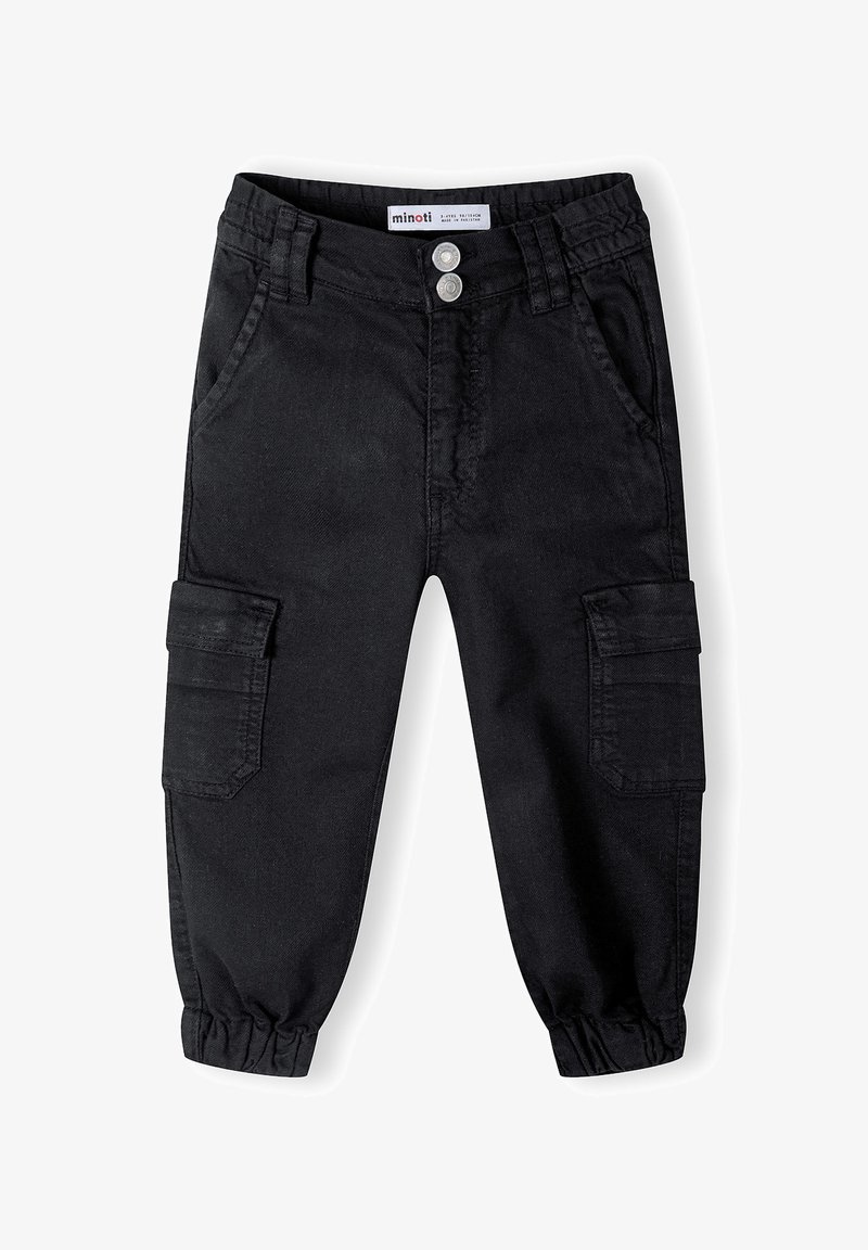 Pantalons cargo noirs avec une coupe décontractée, des poignets élastiques, deux poches latérales et une poche latérale supplémentaire. Fabriqués en tissu durable.