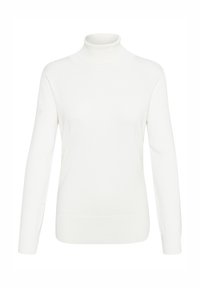 Pulover alb cu guler înalt, realizat dintr-un material moale și cu dungi. Are mâneci lungi și o siluetă strâmtă, cu o textură netedă.