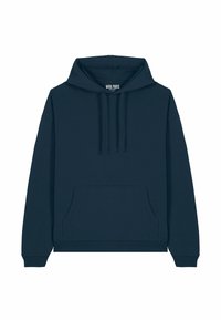 Felpa blu navy realizzata in morbido tessuto, dotata di tasca frontale, cappuccio con cordoncino e polsini e fondo a coste. Design semplice e classico.