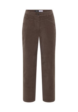 Pantalons en velours côtelé marron avec une coupe droite, dotés d'une fermeture à bouton et de poches avant biaisées. Texture douce, design soigné.