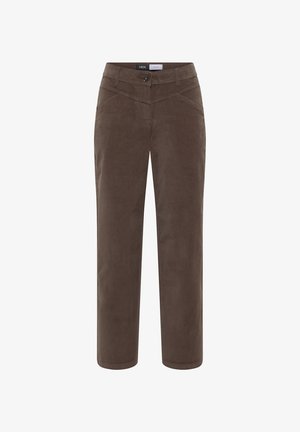 Braune Cordhose mit geradem Schnitt, ausgestattet mit einem Knopfverschluss und schrägen Fronttaschen. Weiche Textur, elegantes Design.