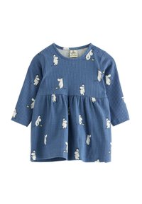 Blaues geripptes Kleid mit weißen Tiermotiven, langen Ärmeln, einer runden Halslinie und einer gerafften Taille. Knöpfe an der Schulter erleichtern das Ankleiden.