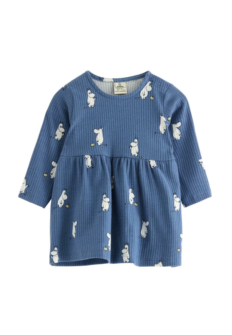 Blaues geripptes Kleid mit weißen Tiermotiven, langen Ärmeln, einer runden Halslinie und einer gerafften Taille. Knöpfe an der Schulter erleichtern das Ankleiden.