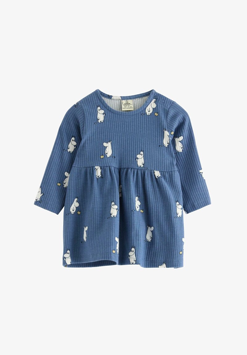 Blaues geripptes Kleid mit weißen Tiermotiven, langen Ärmeln, einer runden Halslinie und einer gerafften Taille. Knöpfe an der Schulter erleichtern das Ankleiden.