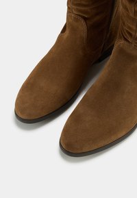 Bottines en daim marron avec un bout pointu, arborant une texture plissée et une fermeture éclair latérale. Semelle en caoutchouc noir au fini lisse.