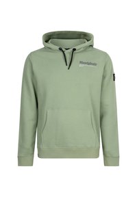 Hellgrüner Hoodie aus weichem Material, mit einer Fronttasche, verstellbarem Kordelzug an der Kapuze und gerippten Bündchen mit Branding-Detail.